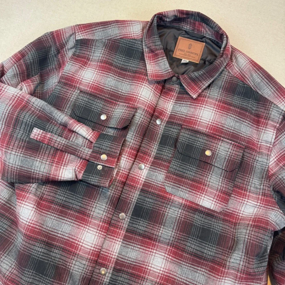 Free Country 3XL Shirt Jacket Mens Red Black Plaid Quilted Lined Snap Shacket